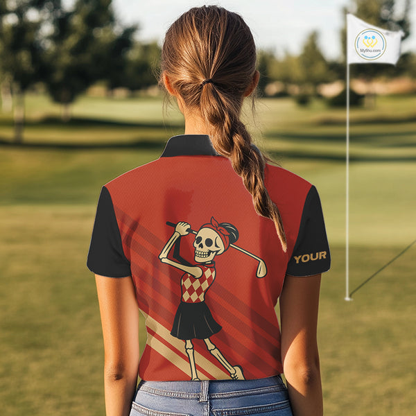 Funny argyle pattern Skull Golf Polo Shirts for Women Custom ladies golf attire, cool golf gift | Red NQS10251