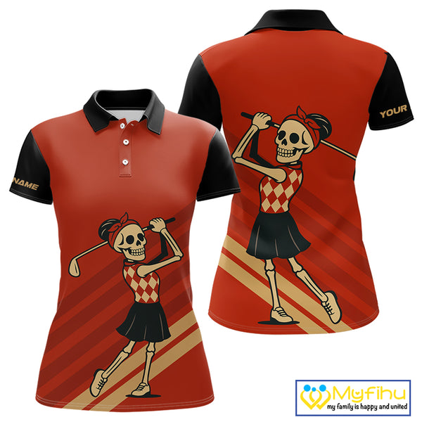 Funny argyle pattern Skull Golf Polo Shirts for Women Custom ladies golf attire, cool golf gift | Red NQS10251