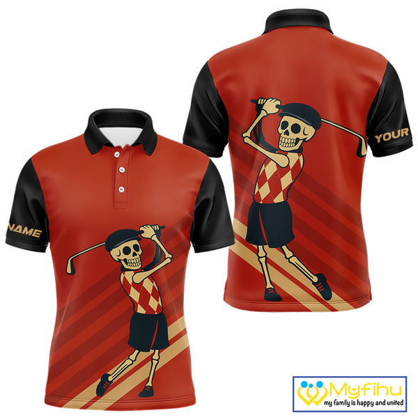 Funny argyle pattern Skull Golf Polo Shirts for men Custom mens golf attire, cool golf gifts | Red NQS10251