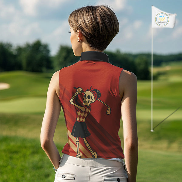 Funny argyle pattern Skull Women Sleeveless Polo Shirt Custom ladies golf attire, cool golf gift| Red NQS10251