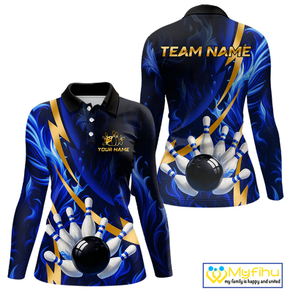 Personalized Bowling Polo, Quarter Zip Shirt for Women Custom Blue Flame and Gold Bowling Team Jersey NQS10446