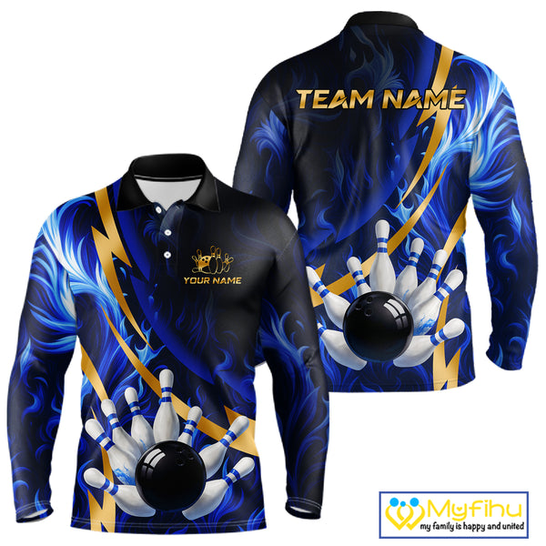 Personalized Bowling Polo, Quarter Zip Shirts for Men Custom Blue Flame and Gold Bowling Team Jersey NQS10446