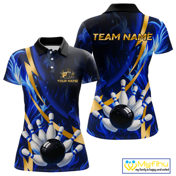 Personalized Bowling Polo, Quarter Zip Shirt for Women Custom Blue Flame and Gold Bowling Team Jersey NQS10446