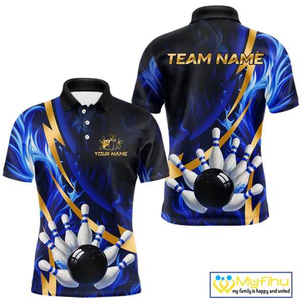 Personalized Bowling Polo, Quarter Zip Shirts for Men Custom Blue Flame and Gold Bowling Team Jersey NQS10446