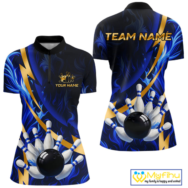 Personalized Bowling Polo, Quarter Zip Shirt for Women Custom Blue Flame and Gold Bowling Team Jersey NQS10446