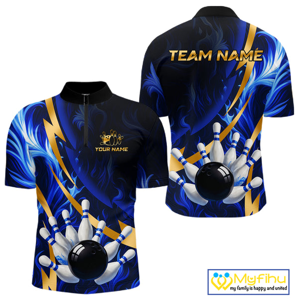 Personalized Bowling Polo, Quarter Zip Shirts for Men Custom Blue Flame and Gold Bowling Team Jersey NQS10446
