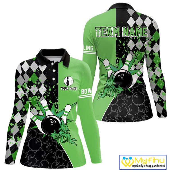 Custom Black and Green argyle pattern flame Bowling Team Jersey Bowling Polo, 1/4 Zip Shirt for Women NQS10450