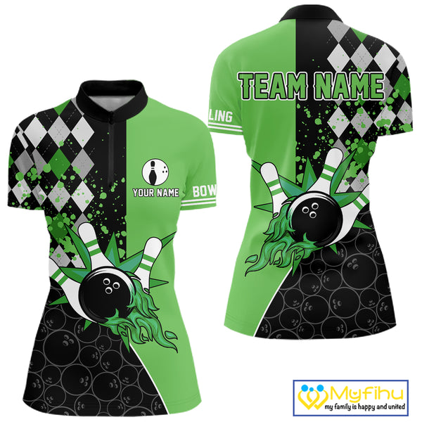 Custom Black and Green argyle pattern flame Bowling Team Jersey Bowling Polo, 1/4 Zip Shirt for Women NQS10450