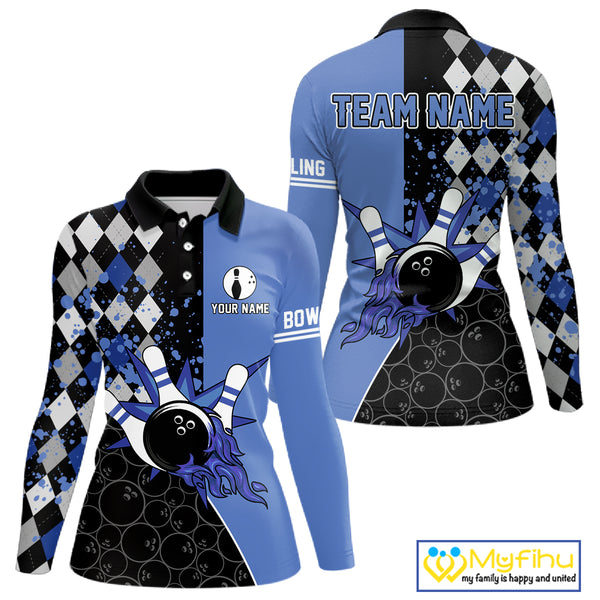 Custom Black and Blue argyle pattern flame Bowling Team Jersey Bowling Polo, 1/4 Zip Shirt for Women NQS10451