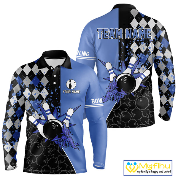 Custom Black and Blue argyle pattern flame Bowling Team Jerseys, Bowling Polo, 1/4 Zip Shirt for Men NQS10451