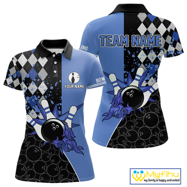 Custom Black and Blue argyle pattern flame Bowling Team Jersey Bowling Polo, 1/4 Zip Shirt for Women NQS10451