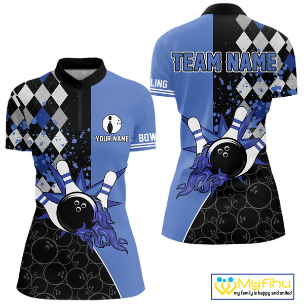 Custom Black and Blue argyle pattern flame Bowling Team Jersey Bowling Polo, 1/4 Zip Shirt for Women NQS10451