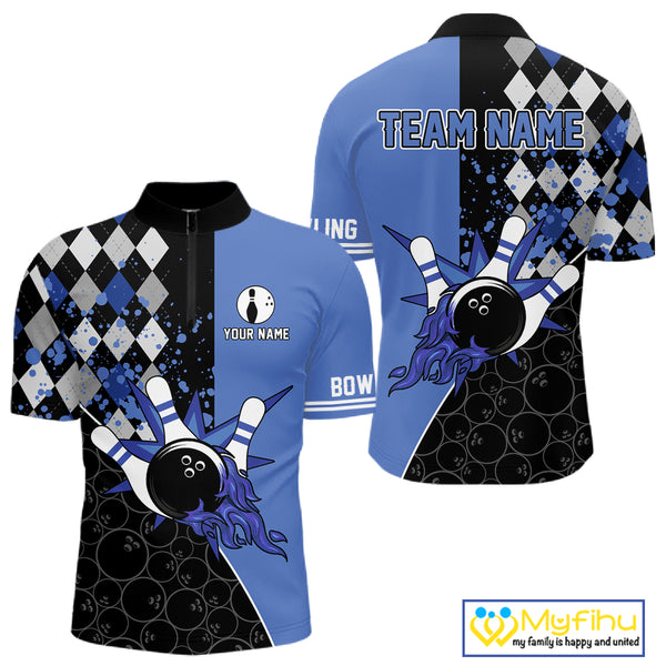 Custom Black and Blue argyle pattern flame Bowling Team Jerseys, Bowling Polo, 1/4 Zip Shirt for Men NQS10451