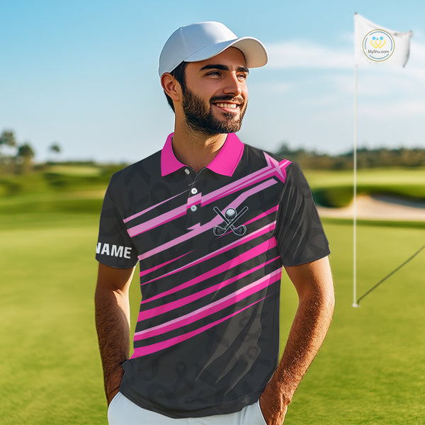 Pink and Black ribbon pattern Men golf polo shirts Custom breast cancer golf attire for men NQS10115