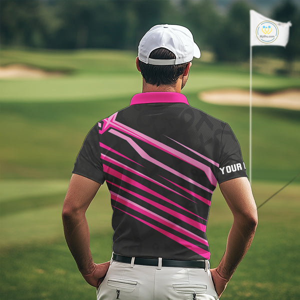 Pink and Black ribbon pattern Men golf polo shirts Custom breast cancer golf attire for men NQS10115