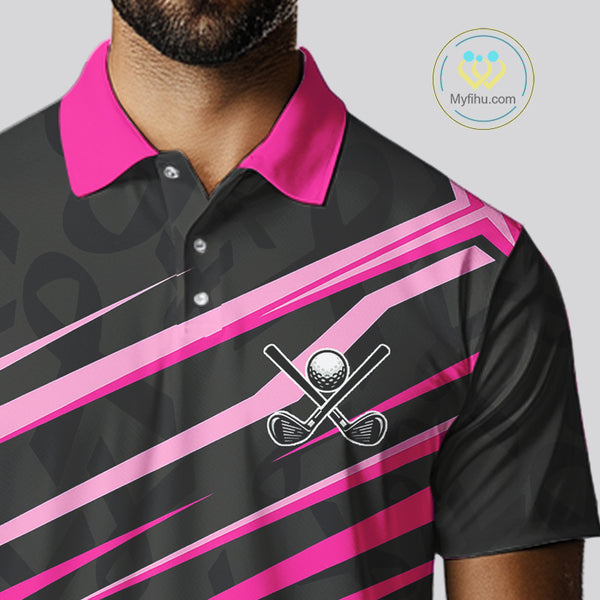 Pink and Black ribbon pattern Men golf polo shirts Custom breast cancer golf attire for men NQS10115