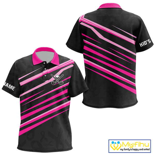 Pink and Black ribbon pattern Kid golf polo shirt Custom breast cancer golf attire for kid NQS10115