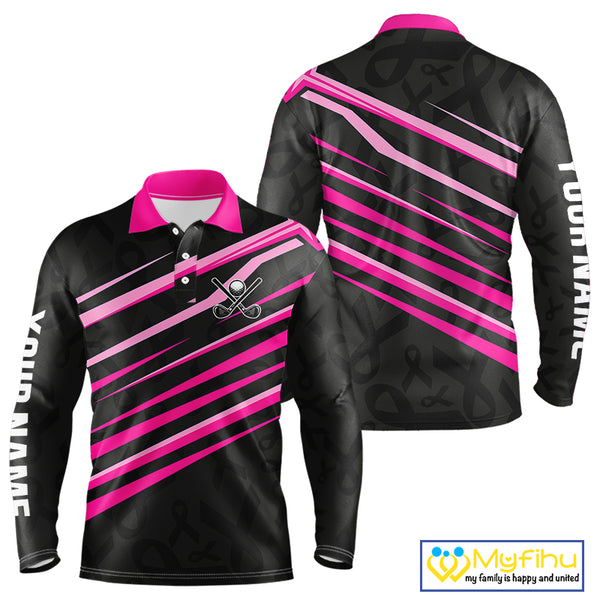 Pink and Black ribbon pattern Men golf polo shirts Custom breast cancer golf attire for men NQS10115
