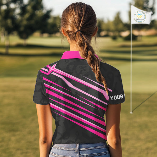 Pink and Black ribbon pattern Women golf polo shirts Custom breast cancer golf attire for ladies NQS10115