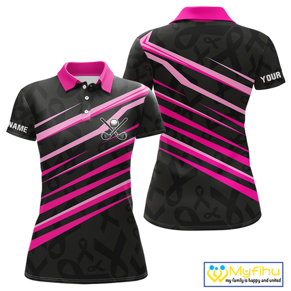 Pink and Black ribbon pattern Women golf polo shirts Custom breast cancer golf attire for ladies NQS10115