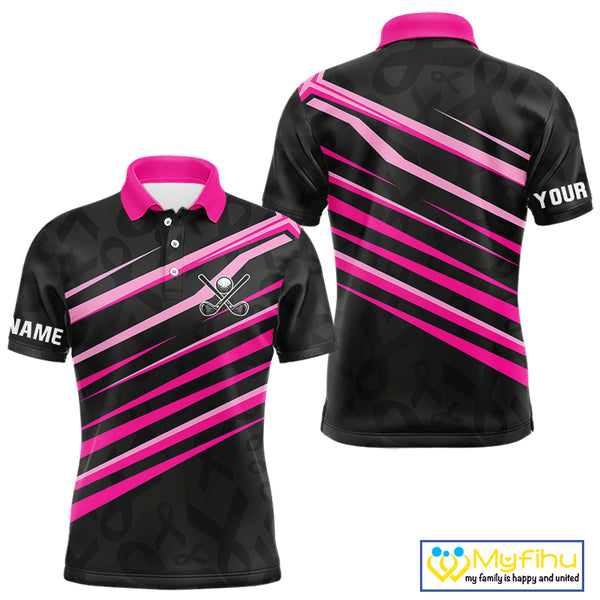 Pink and Black ribbon pattern Men golf polo shirts Custom breast cancer golf attire for men NQS10115
