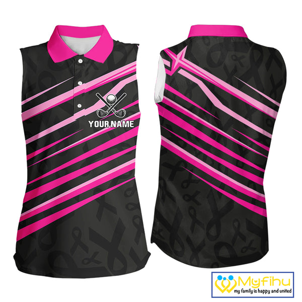 Pink and Black ribbon pattern Women Sleeveless polo shirt Custom breast cancer golf attire for ladies NQS10115