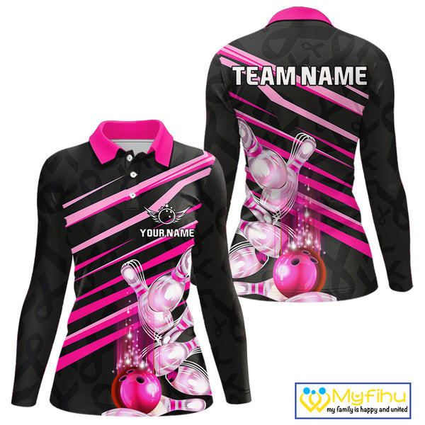 Pink and Black ribbon pattern Women Bowling Shirts Custom breast cancer awareness Team Bowling Jersey NQS10116