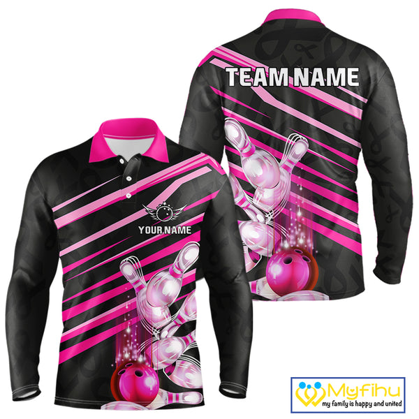 Pink and Black ribbon pattern Men Bowling Shirts Custom breast cancer awareness Team Bowling Jersey NQS10116