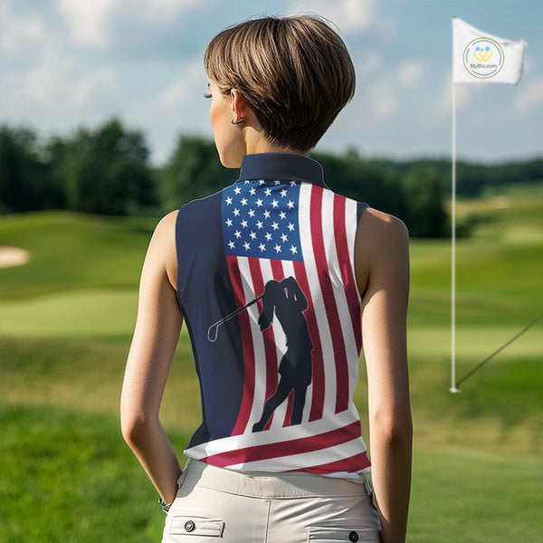American Flag Sleeveless Polo Shirt custom women's patriotic polo shirts, best golf shirts for ladies NQS10253
