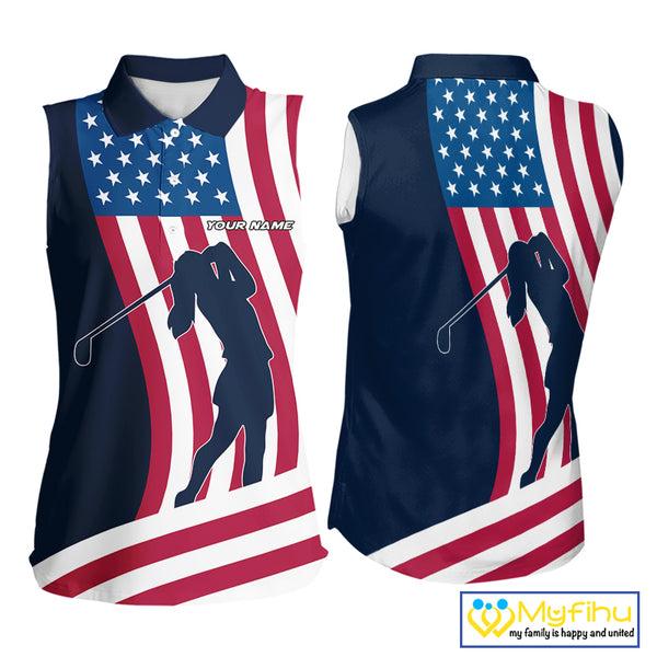 American Flag Sleeveless Polo Shirt custom women's patriotic polo shirts, best golf shirts for ladies NQS10253