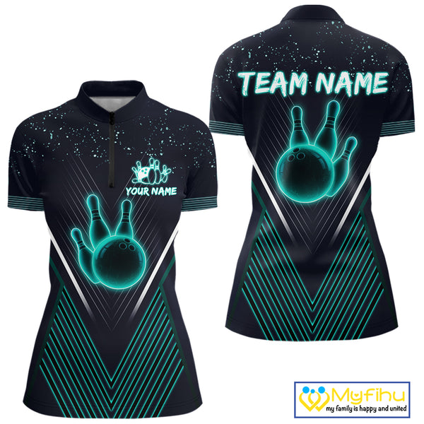 Bowling polo, quarter zip shirt for Women custom team bowling jersey, gift for bowlers | Turquoise NQS10256