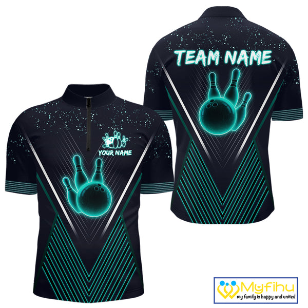 Bowling polo, quarter zip shirt for Men custom team bowling jersey, gift for bowlers | Turquoise NQS10256