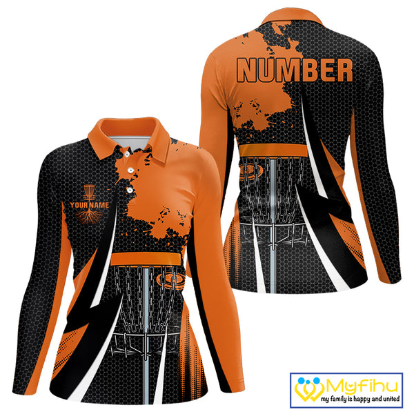 Women disc golf polo shirt custom team disc golf jersey, unique disc golf gift | Orange NQS10257