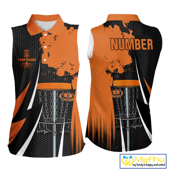 Women disc golf sleeveless polo shirt custom team disc golf jersey, unique disc golf gift | Orange NQS10257