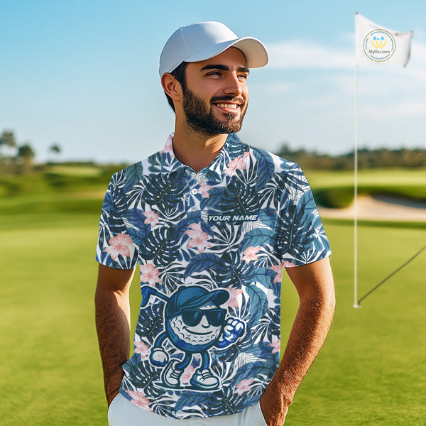 Blue tropical leaf pattern pink flower funny Golf polo shirts For Men Custom mens golf outfits NQS10119