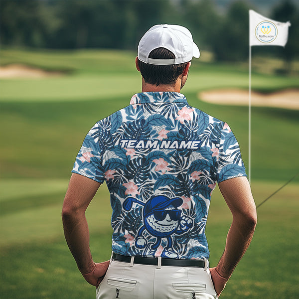 Blue tropical leaf pattern pink flower funny Golf polo shirts For Men Custom mens golf outfits NQS10119