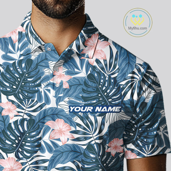 Blue tropical leaf pattern pink flower funny Golf polo shirts For Men Custom mens golf outfits NQS10119