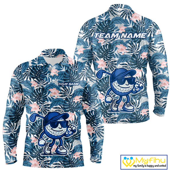 Blue tropical leaf pattern pink flower funny Golf polo shirts For Men Custom mens golf outfits NQS10119