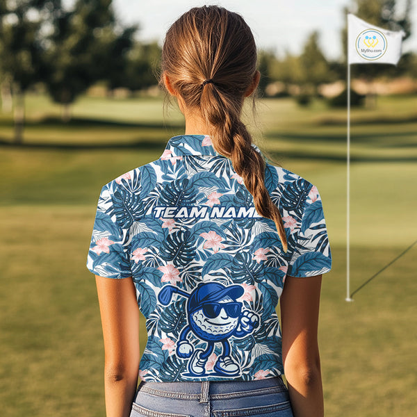 Blue tropical leaf pattern pink flower funny Golf polo shirts for Women Custom ladies golf outfits NQS10119