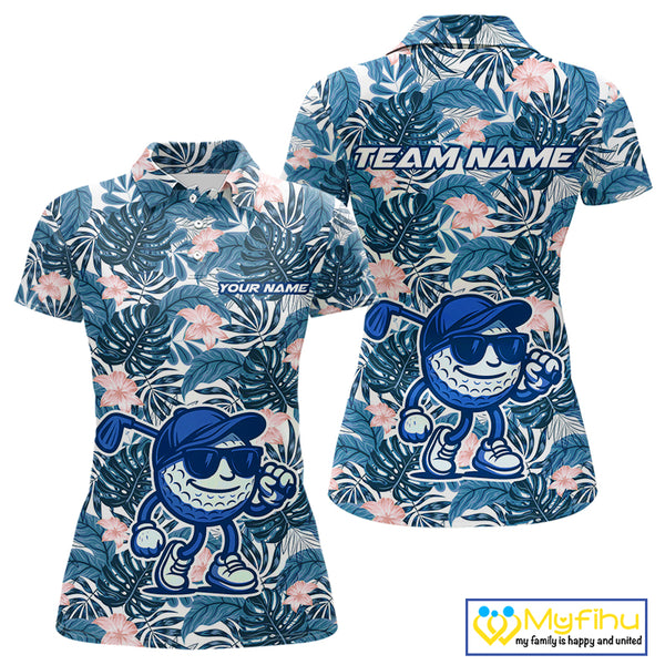 Blue tropical leaf pattern pink flower funny Golf polo shirts for Women Custom ladies golf outfits NQS10119