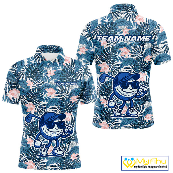 Blue tropical leaf pattern pink flower funny Golf polo shirts For Men Custom mens golf outfits NQS10119