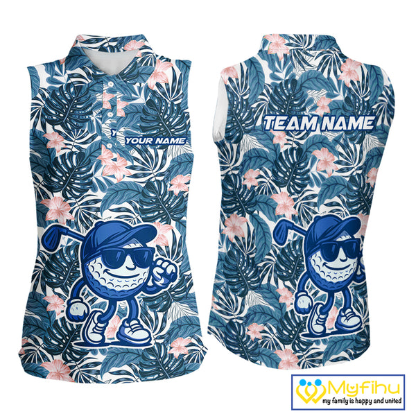 Blue tropical leaf pattern pink flower funny Sleeveless Golf polo shirts Custom ladies golf outfits NQS10119