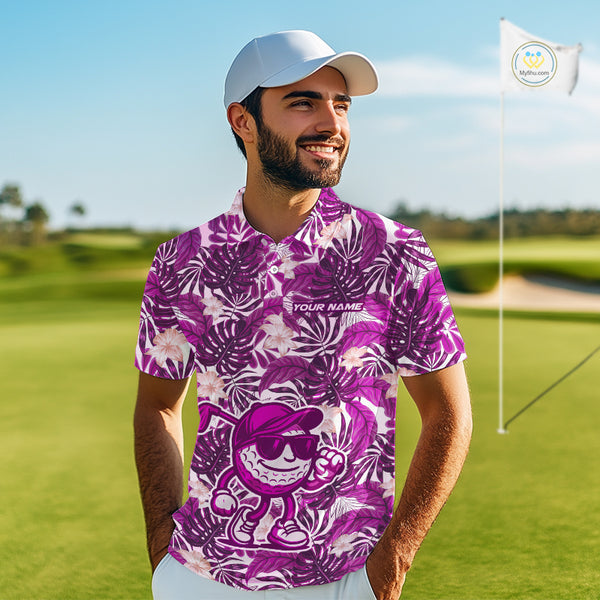 Pink tropical flower leaf pattern funny Golf polo shirts For Men Custom mens golf outfits NQS10120