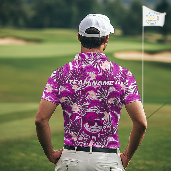Pink tropical flower leaf pattern funny Golf polo shirts For Men Custom mens golf outfits NQS10120