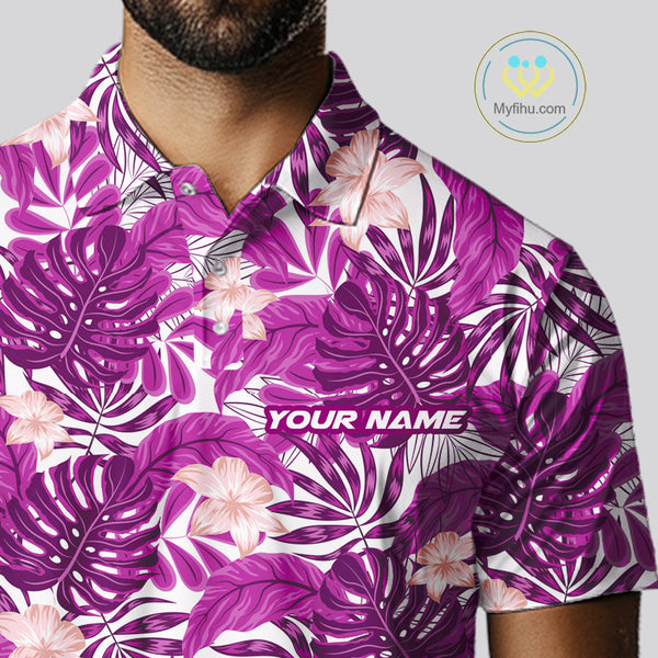 Pink tropical flower leaf pattern funny Golf polo shirts For Men Custom mens golf outfits NQS10120