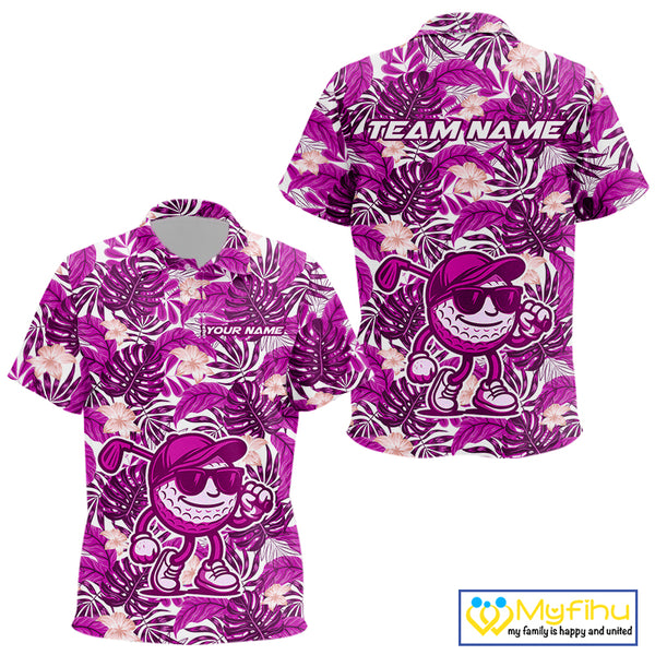 Pink tropical flower leaf pattern funny Golf polo shirts for Kid Custom kid golf outfits NQS10120