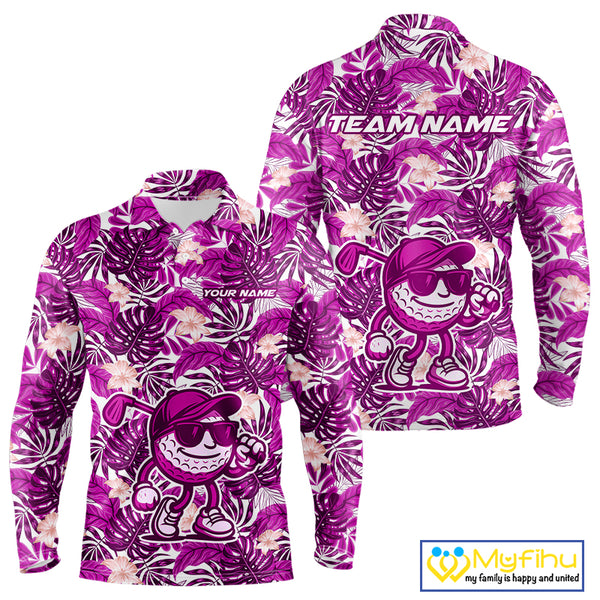 Pink tropical flower leaf pattern funny Golf polo shirts For Men Custom mens golf outfits NQS10120