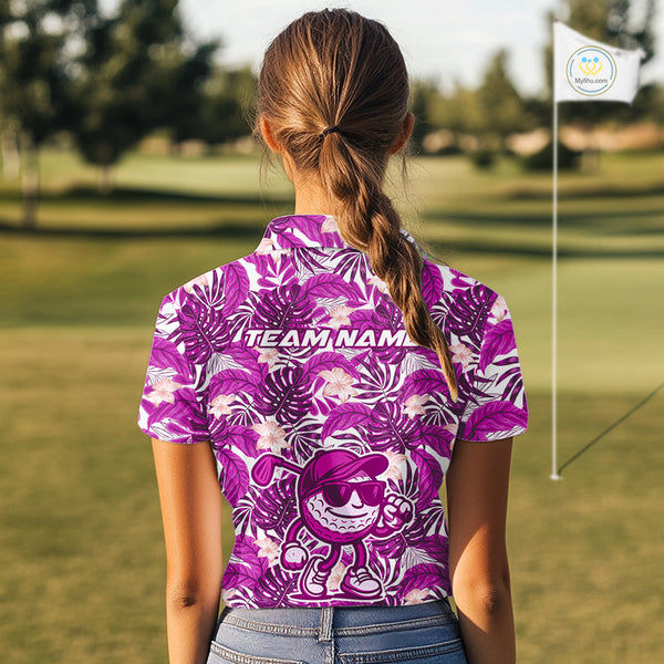 Pink tropical flower leaf pattern funny Golf polo shirts for Women Custom ladies golf outfits NQS10120