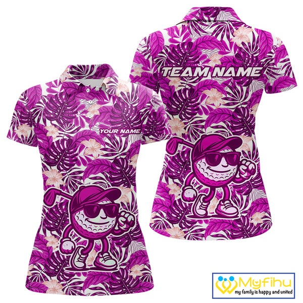 Pink tropical flower leaf pattern funny Golf polo shirts for Women Custom ladies golf outfits NQS10120