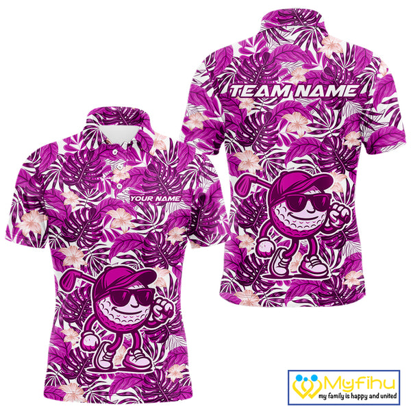 Pink tropical flower leaf pattern funny Golf polo shirts For Men Custom mens golf outfits NQS10120